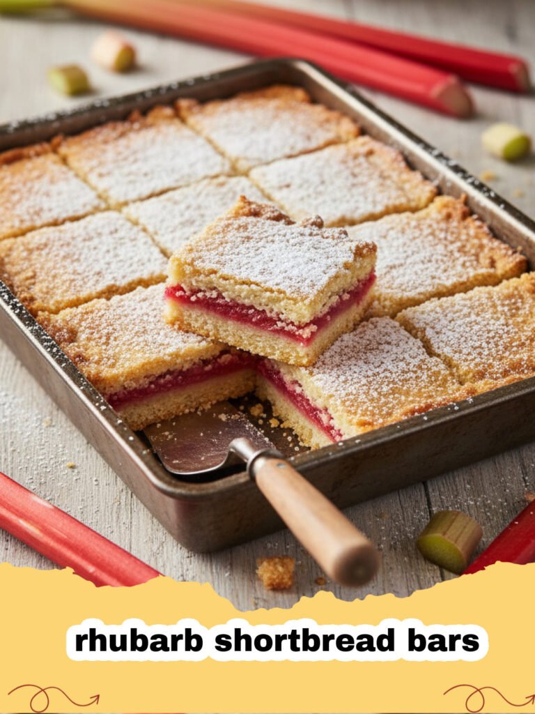 A close up shot of a stack of rhubarb shortbread bars showing the pink fruit layer and crumbly topping