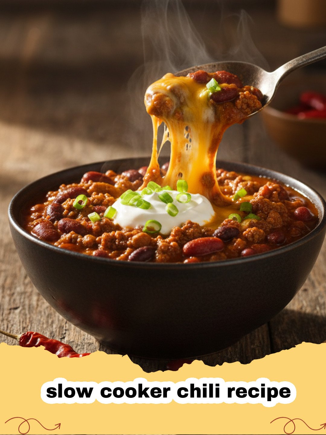 slow cooker chili recipe - A steaming bowl of slow cooker chili topped with cheese and sour cream.