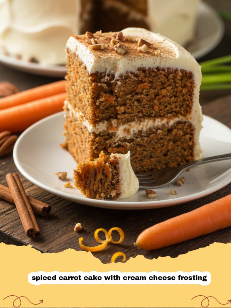 spiced carrot cake with cream cheese frosting - A tall slice of spiced carrot cake with thick cream cheese frosting on a white plate.