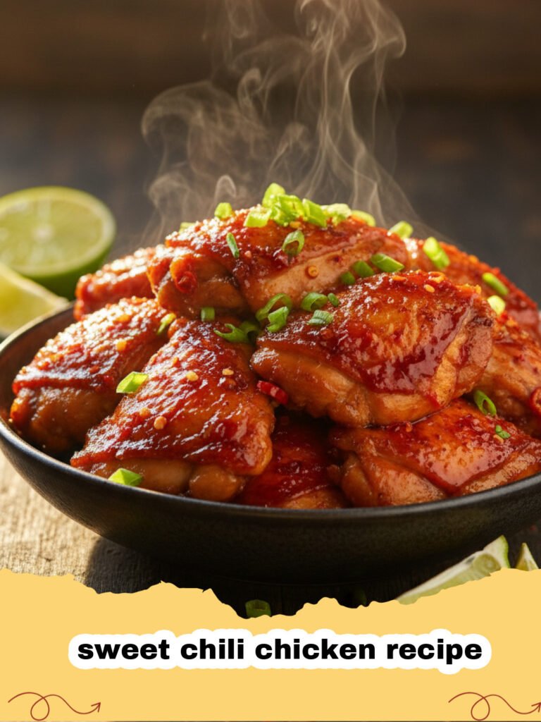 sweet chili chicken recipe - A plate of crispy sweet chili chicken served over white rice with green onions