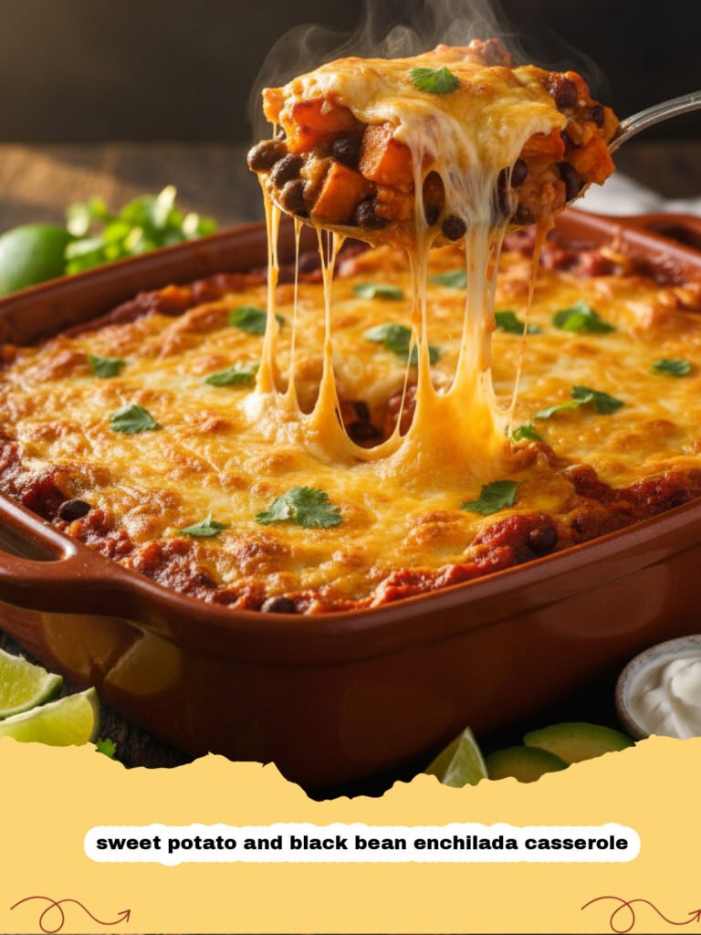 A bubbling dish of sweet potato and black bean enchilada casserole topped with melted cheese and cilantro.