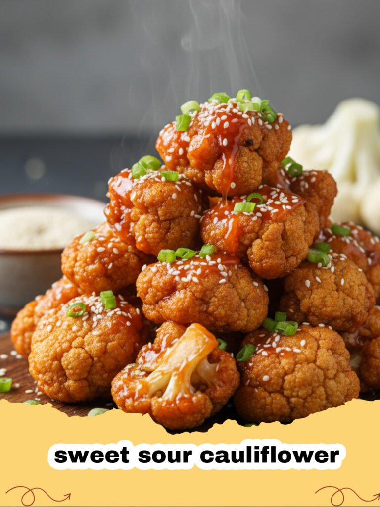 A bowl of crispy sweet sour cauliflower garnished with sesame seeds and green onions.