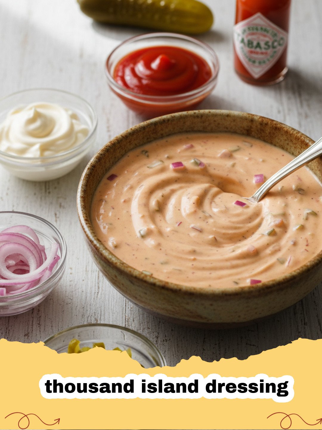 A glass jar filled with creamy thousand island dressing with a spoon resting inside.
