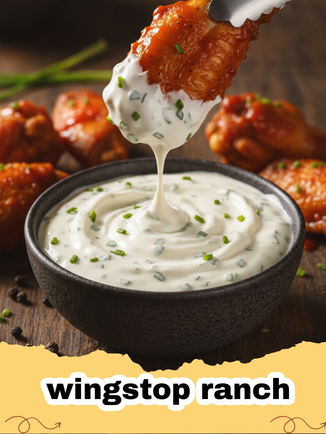 A small white bowl filled with creamy wingstop ranch next to chicken wings