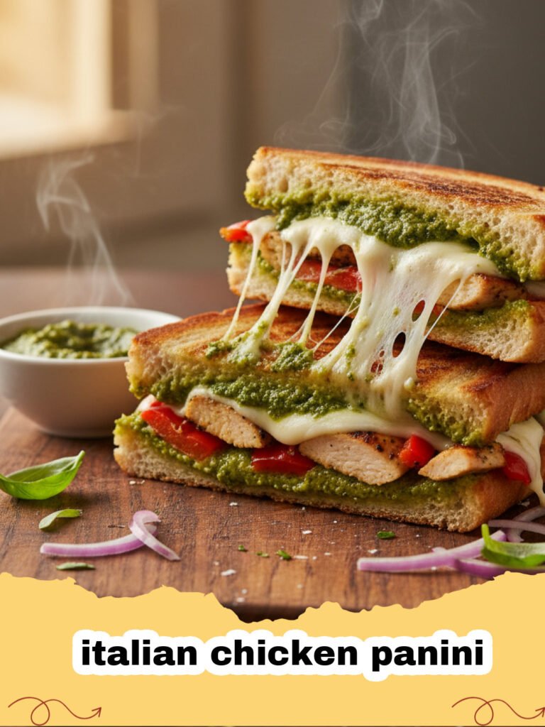 A perfectly grilled italian chicken panini with melted mozzarella and pesto on a wooden board.