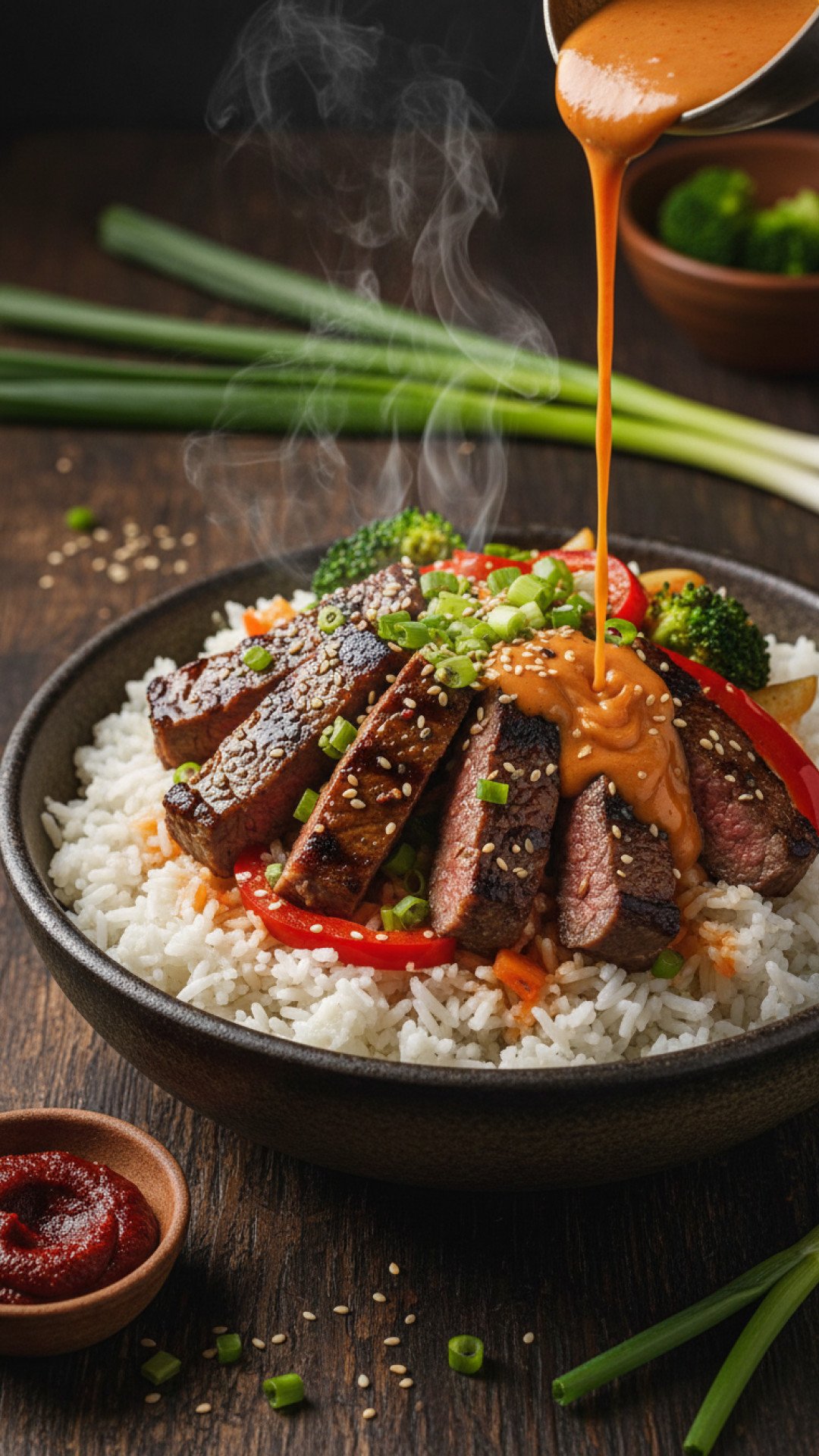 Korean BBQ Steak Rice Bowls with Spicy Cream Sauce Preparation
