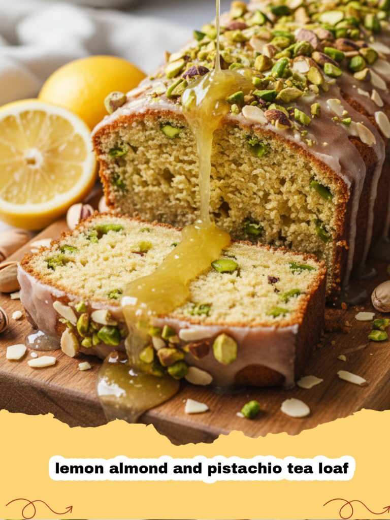 A golden lemon almond and pistachio tea loaf with white glaze and green nut topping
