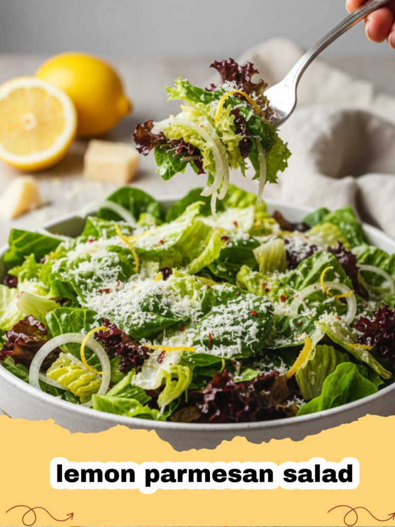 A close-up shot of a fresh lemon parmesan salad with large shavings of cheese and bright green arugula.