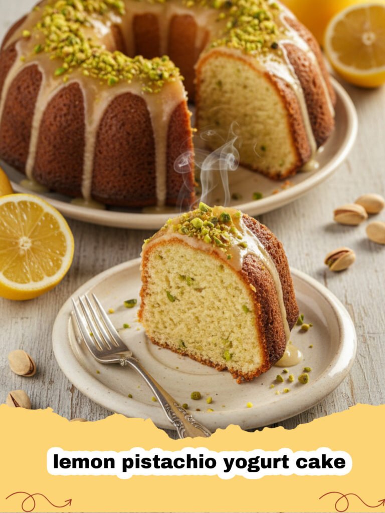 A beautiful slice of lemon pistachio yogurt cake on a white plate with a sprig of mint.