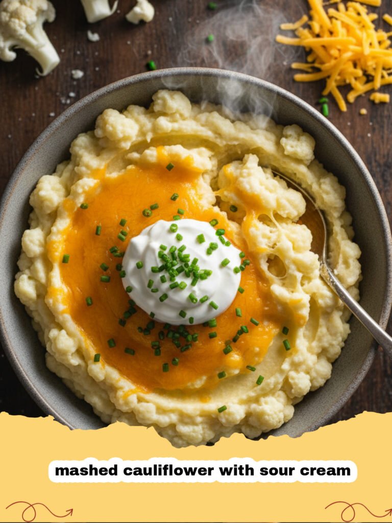 A bowl of creamy mashed cauliflower with sour cream topped with a pat of butter and chives.