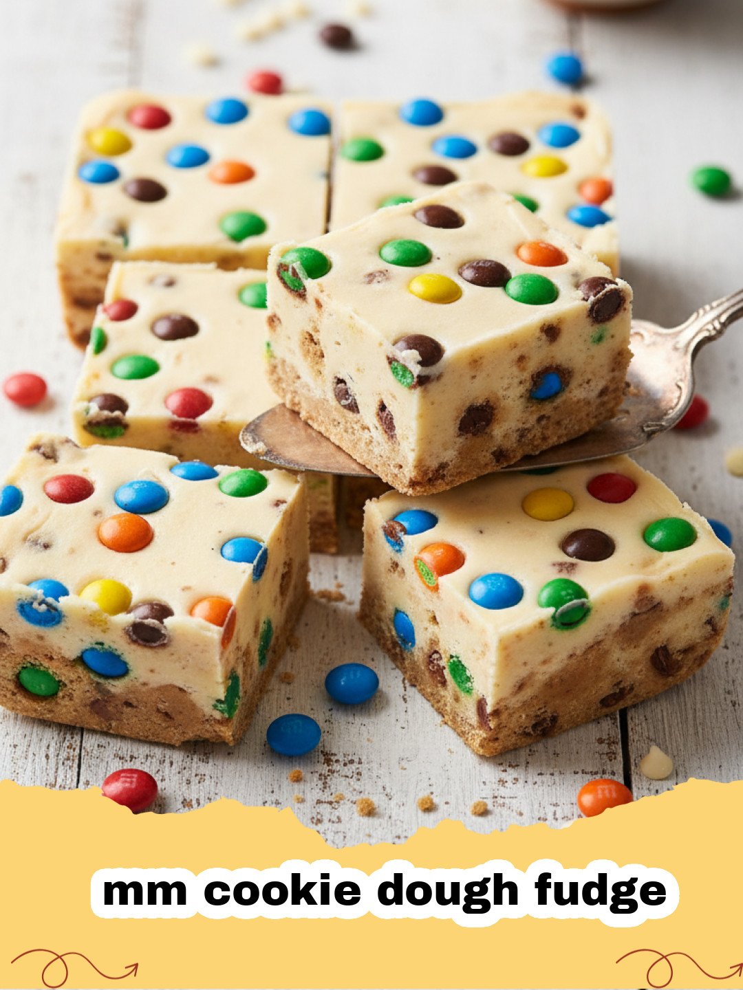 mm cookie dough fudge - Close-up of M&M Cookie Dough Fudge squares on a white platter