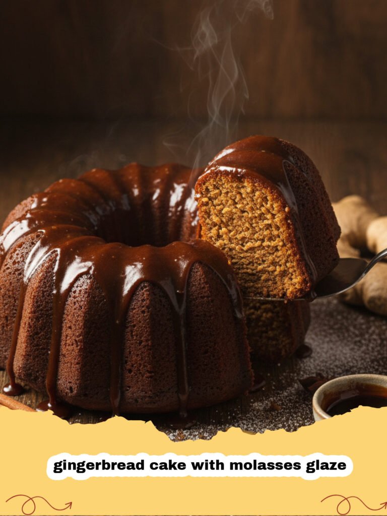 gingerbread cake with molasses glaze - A close-up of a moist gingerbread cake with a shiny molasses glaze dripping down the sides.