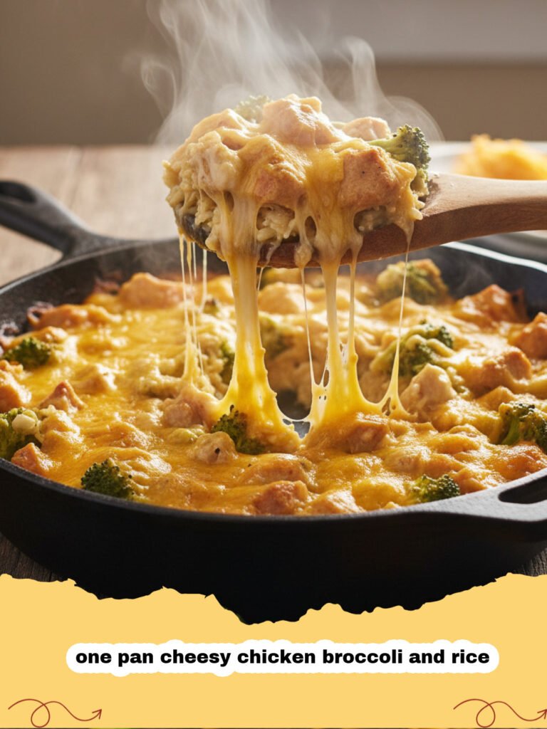 A close-up view of a skillet filled with creamy one pan cheesy chicken broccoli and rice.