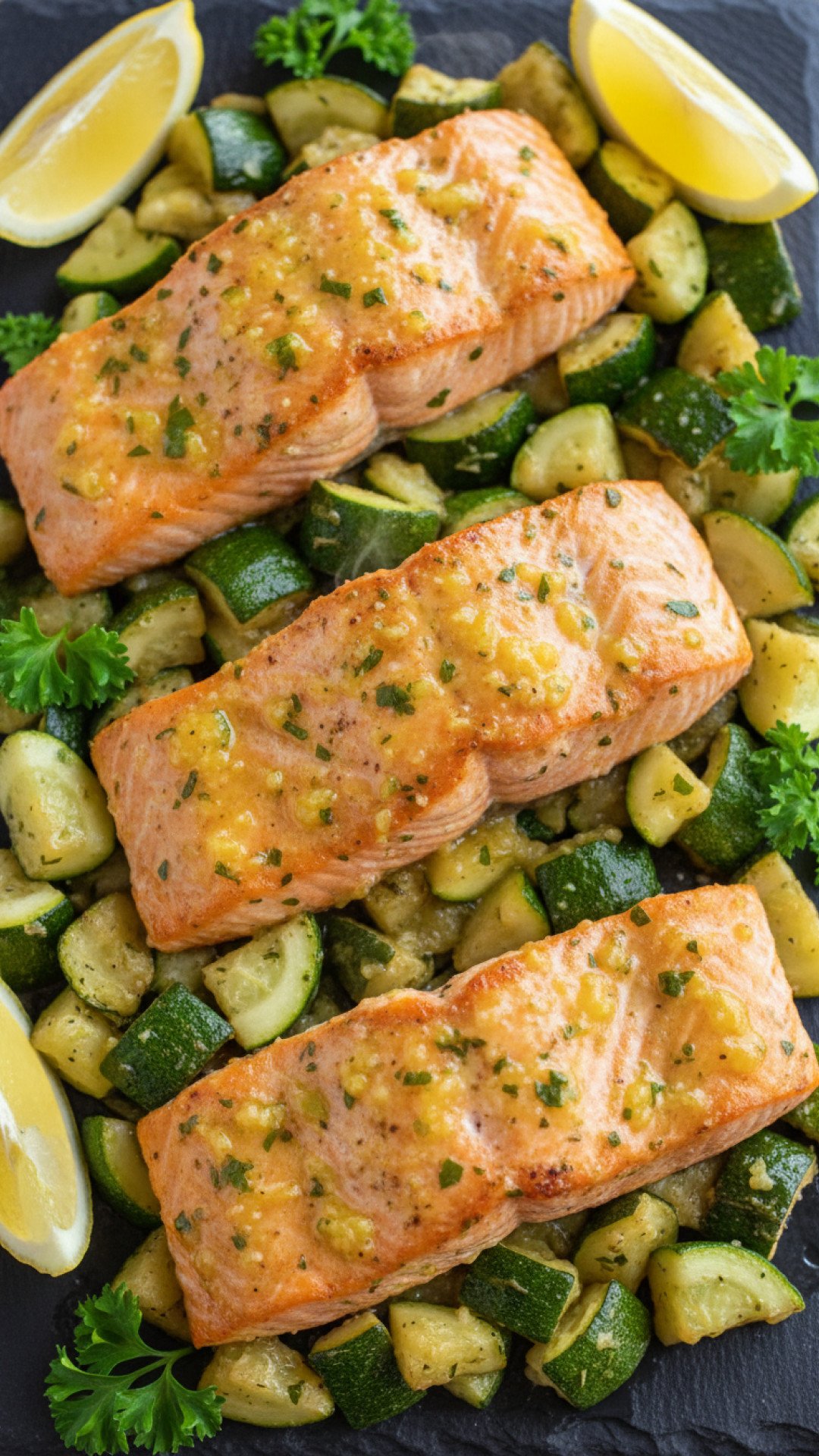 One Pan Lemon Herb Salmon and Zucchini Preparation