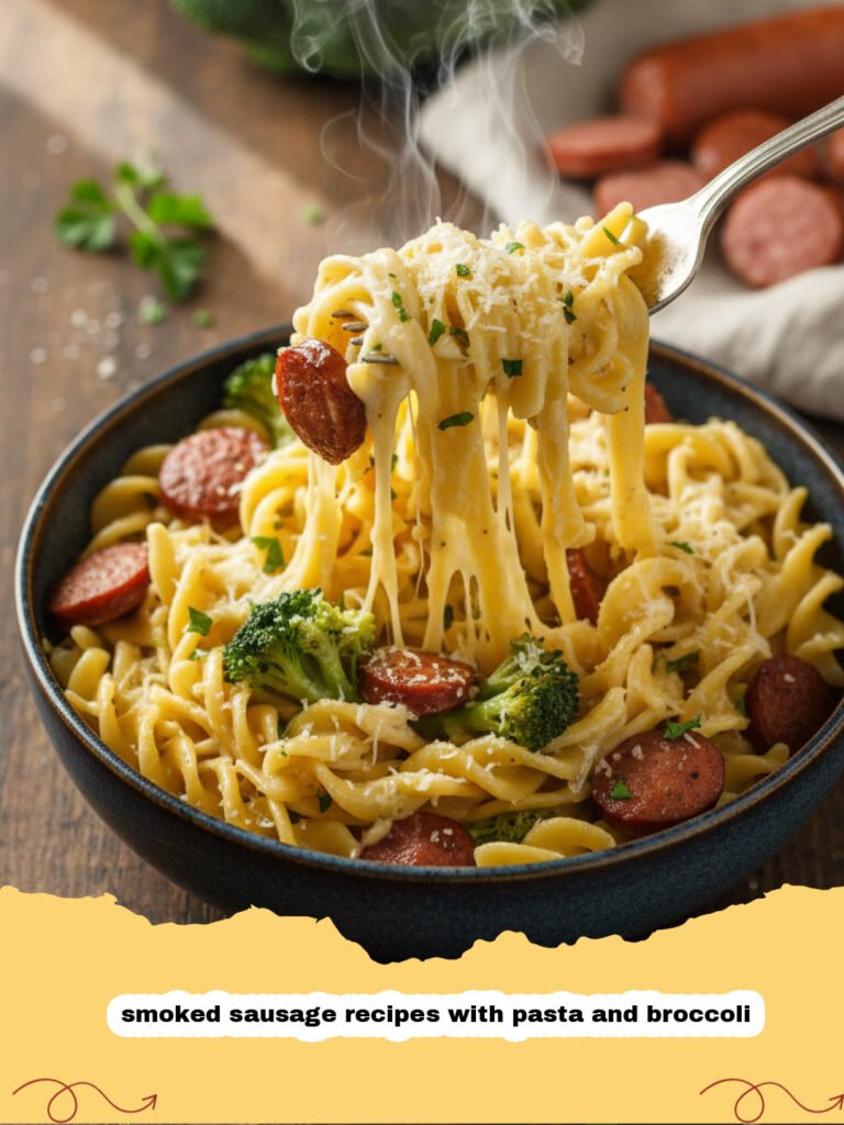 smoked sausage recipes with pasta and broccoli - A skillet filled with browned smoked sausage, penne pasta, and green broccoli florets dusted with parmesan cheese.