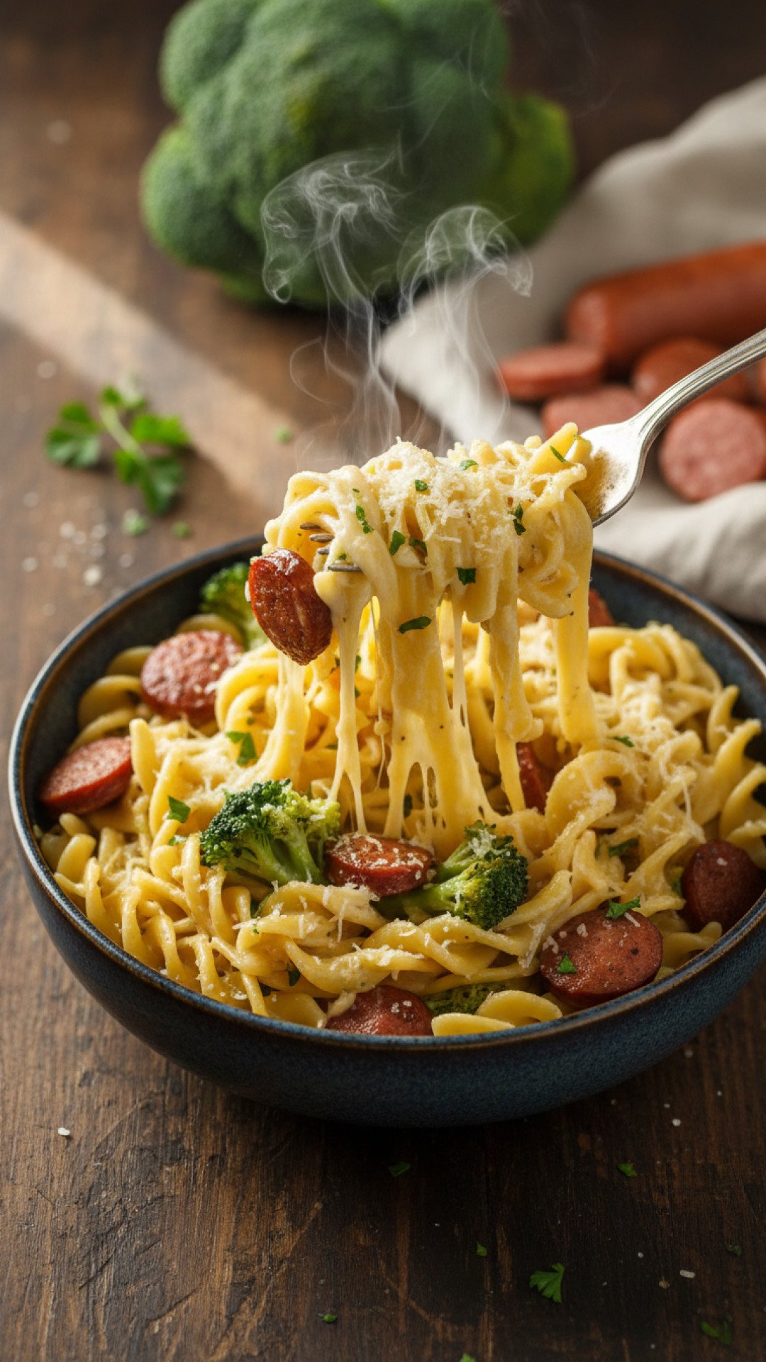 One-Pan Smoked Sausage, Pasta, and Broccoli Preparation