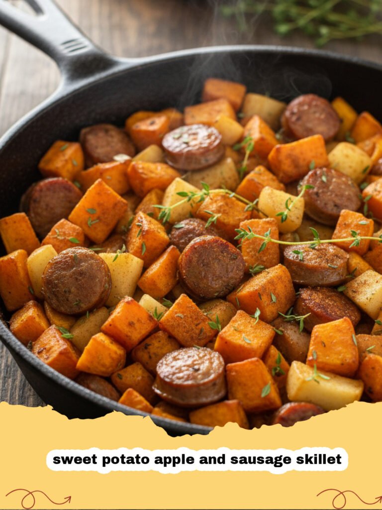 sweet potato apple and sausage skillet - A close-up shot of a cast iron skillet filled with browned sausage slices, orange sweet potato cubes, and green apple chunks.