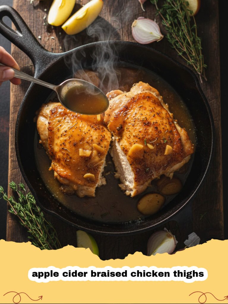 Golden brown apple cider braised chicken thighs in a skillet with sliced apples and rosemary