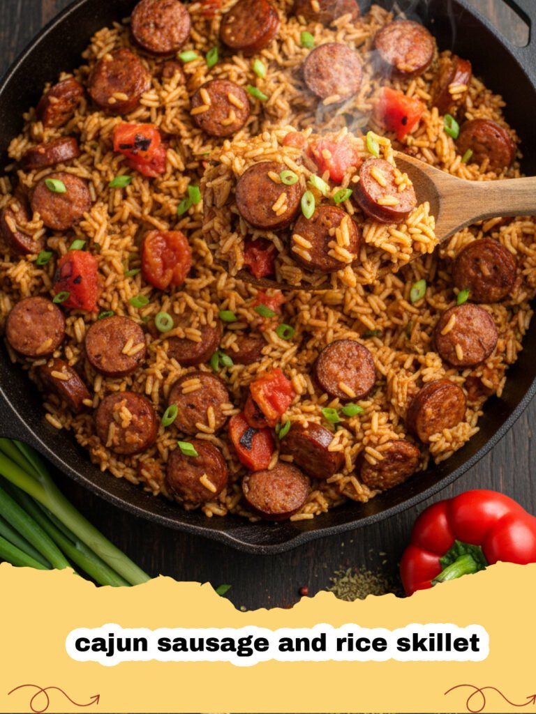 cajun sausage and rice skillet - A cast iron skillet filled with colorful Cajun sausage and rice topped with green onions.