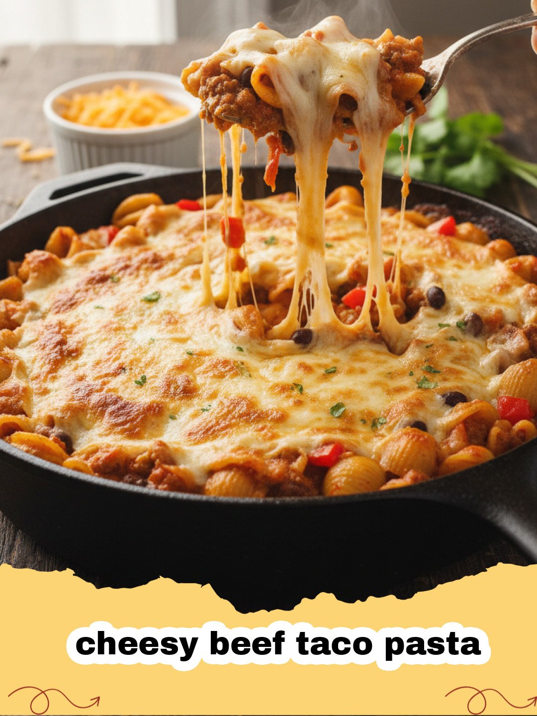 A close up of cheesy beef taco pasta in a black skillet topped with cilantro.