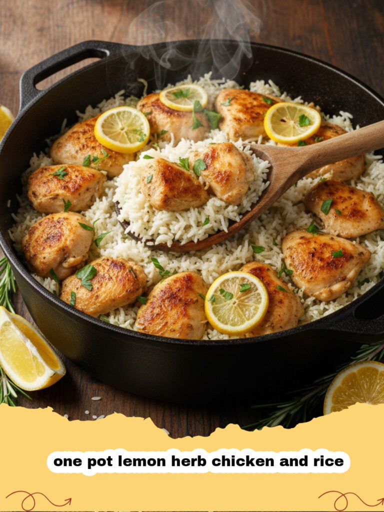 one pot lemon herb chicken and rice - A large pot containing golden-brown chicken thighs nestled in fluffy yellow-tinged rice with lemon slices and herbs.