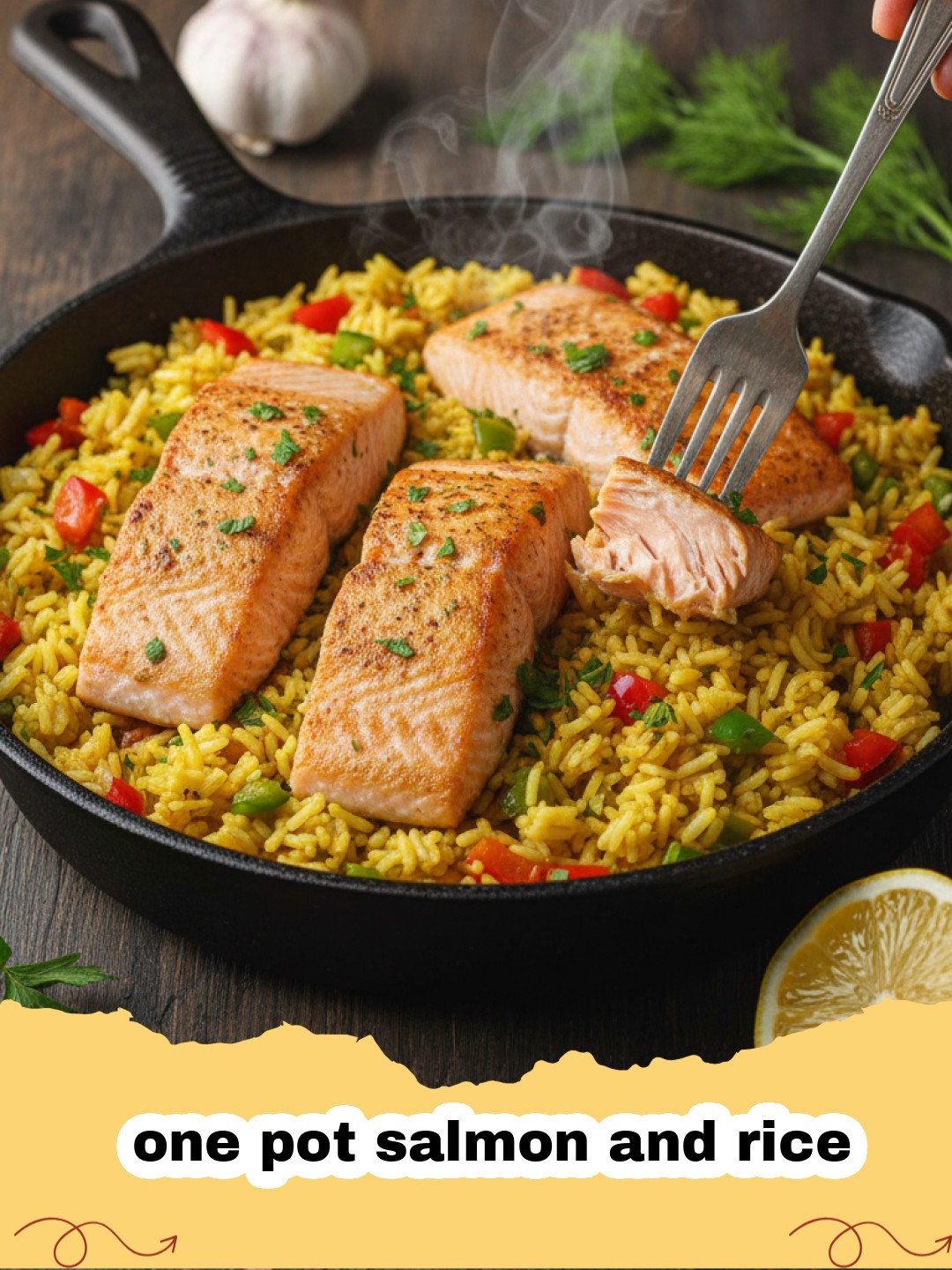 one pot salmon and rice - A top-down view of a Dutch oven containing fluffy rice topped with four cooked salmon fillets and lemon slices.