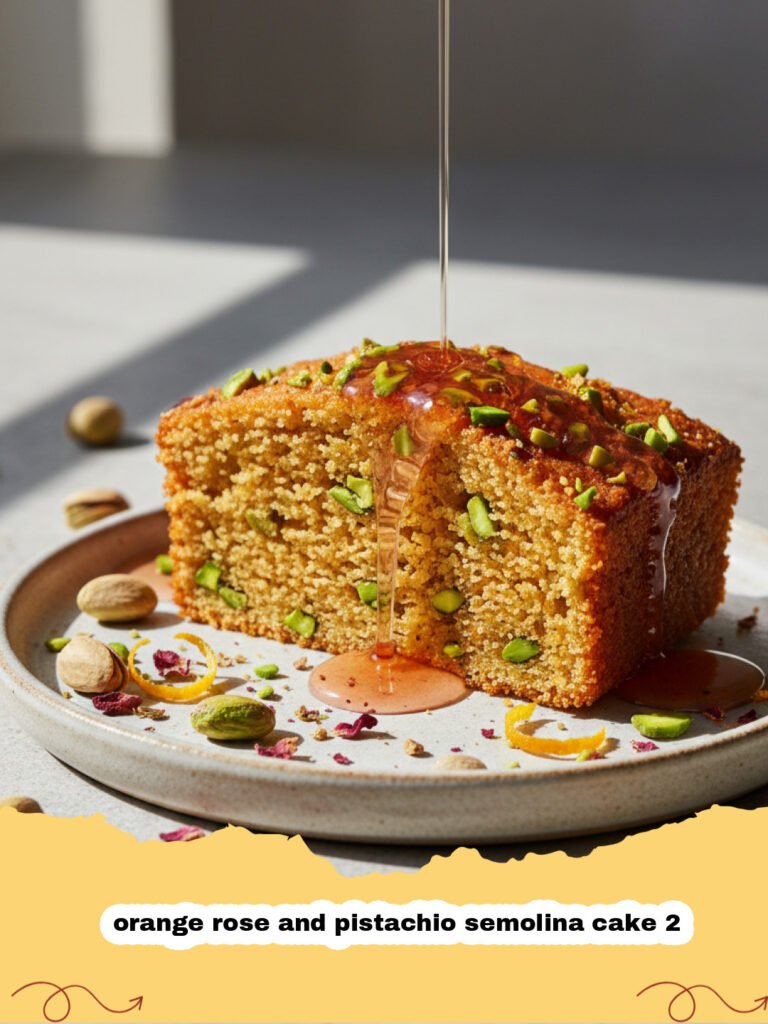 Golden orange rose and pistachio semolina cake 2 garnished with green pistachios and rose petals.