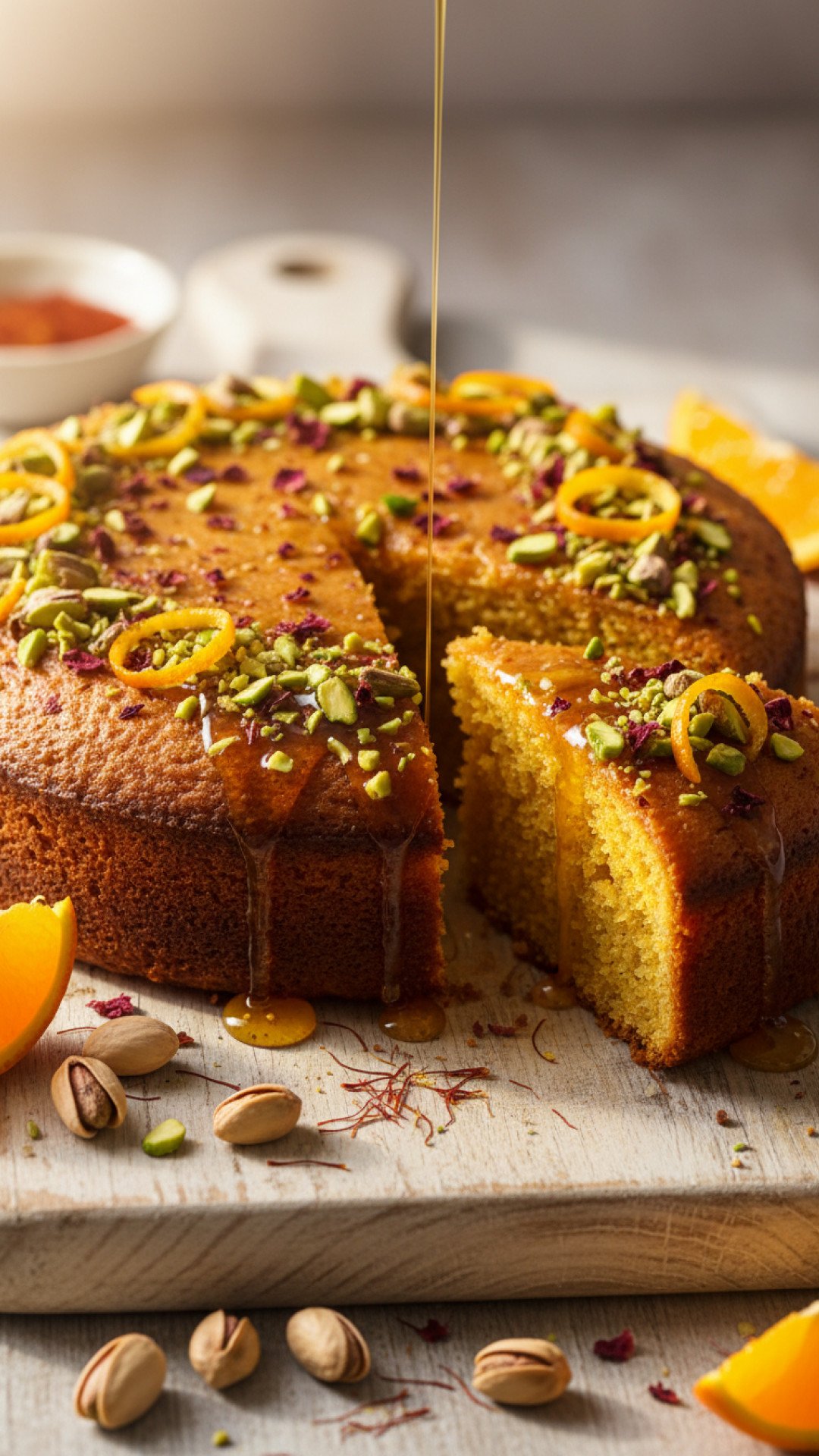 Orange Saffron and Pistachio Cake with Syrup Preparation