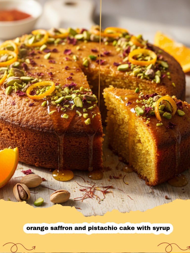A golden orange saffron and pistachio cake with syrup topped with crushed green pistachios