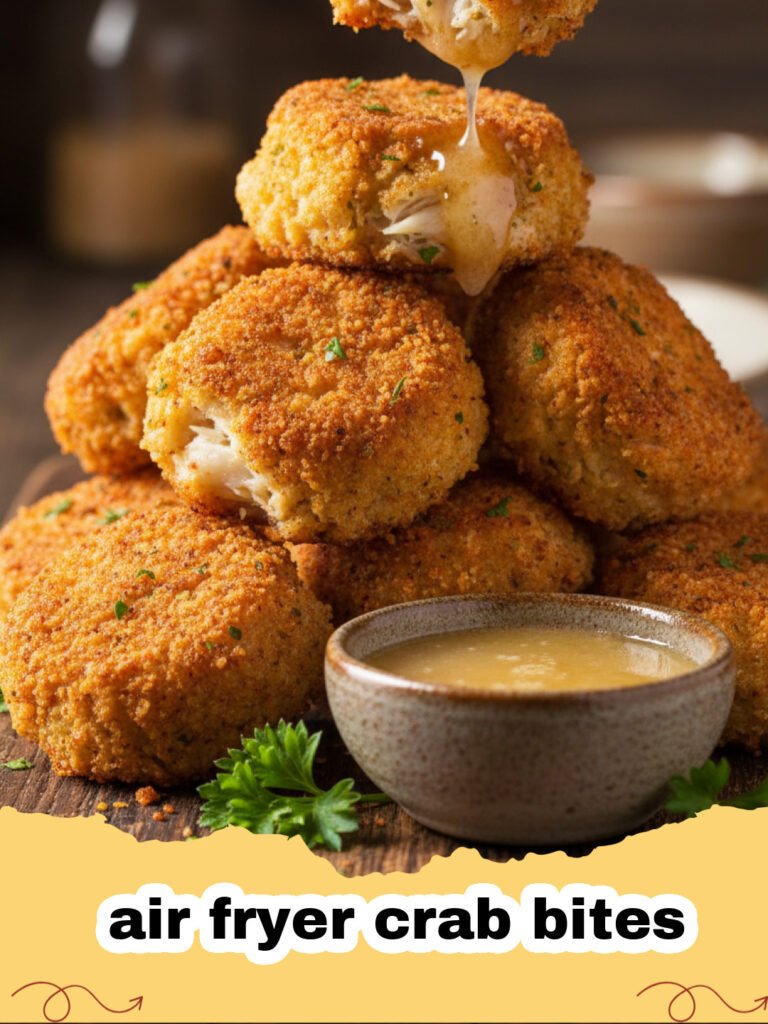 Golden brown air fryer crab bites served on a white platter with lemon wedges.