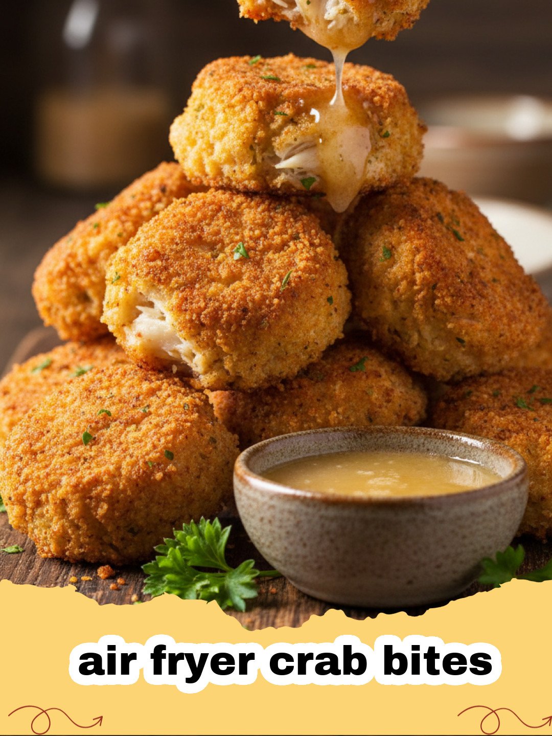 Golden brown air fryer crab bites served on a white platter with lemon wedges.