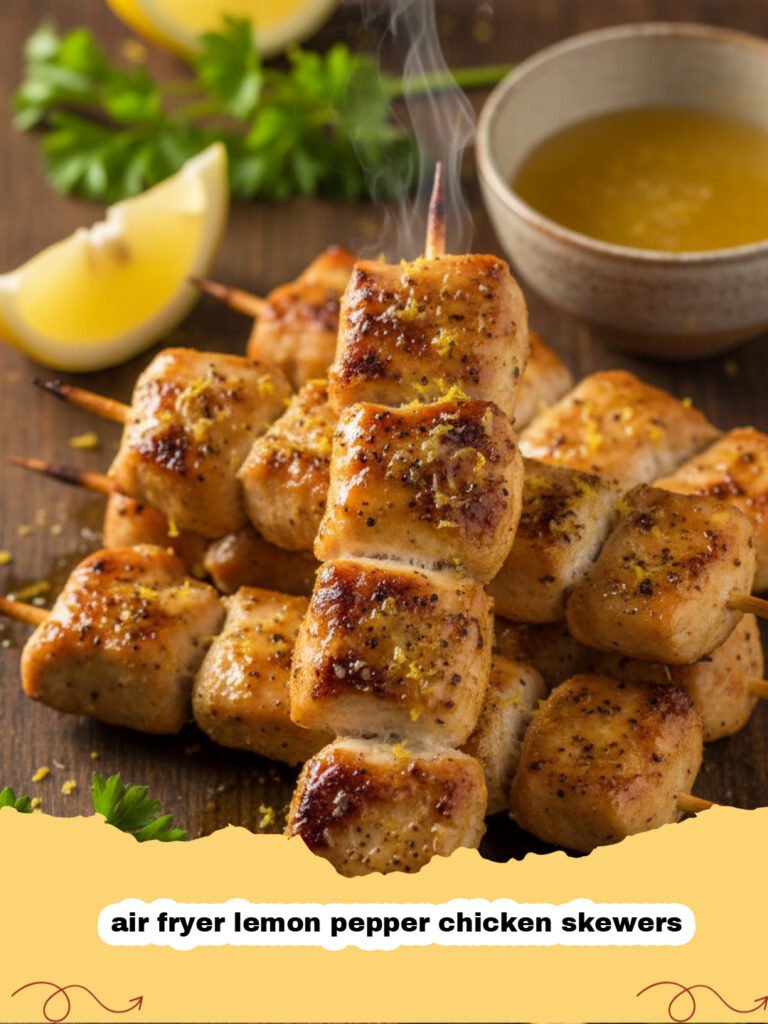 Platter of golden air fryer lemon pepper chicken skewers garnished with parsley and lemon wedges