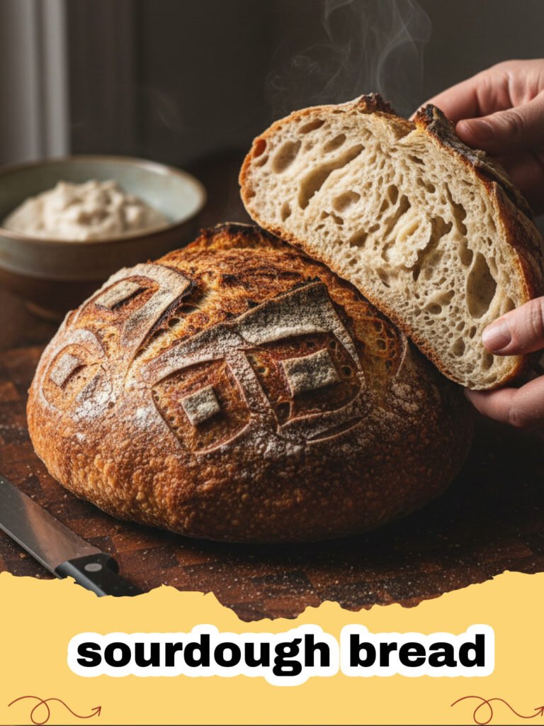 A beautiful loaf of artisan sourdough bread with a golden crust and artistic scoring on a wooden board.