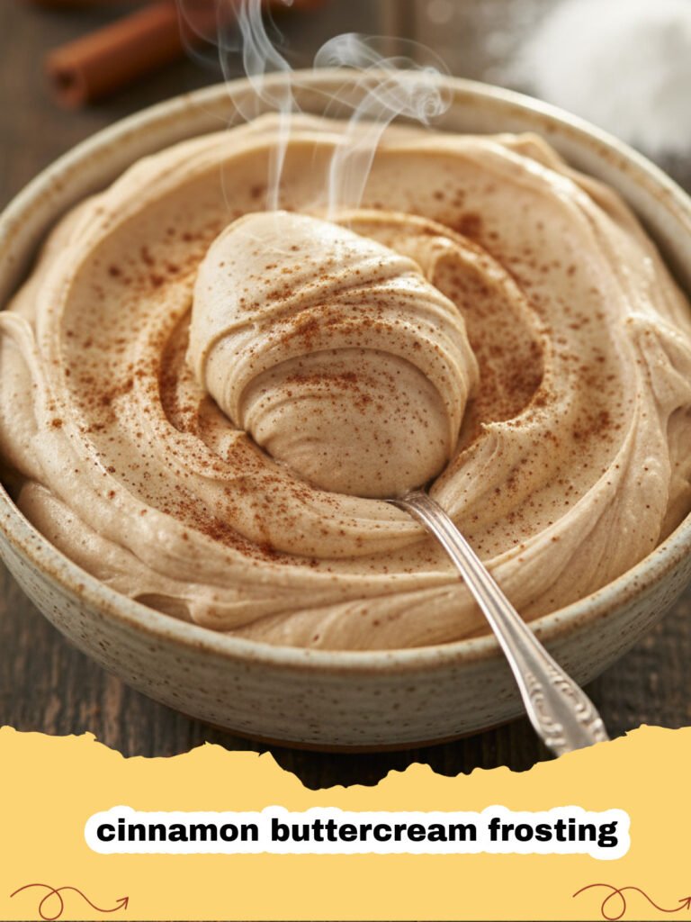 A close-up of a bowl of fluffy cinnamon buttercream frosting with a swirl pattern