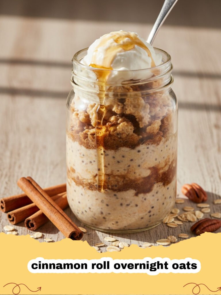 A glass jar filled with creamy cinnamon roll overnight oats topped with a cinnamon swirl and a dusting of spice.