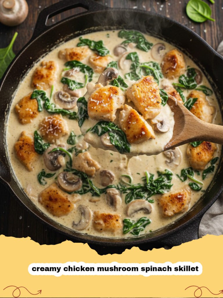A close up of creamy chicken mushroom spinach skillet in a cast iron pan