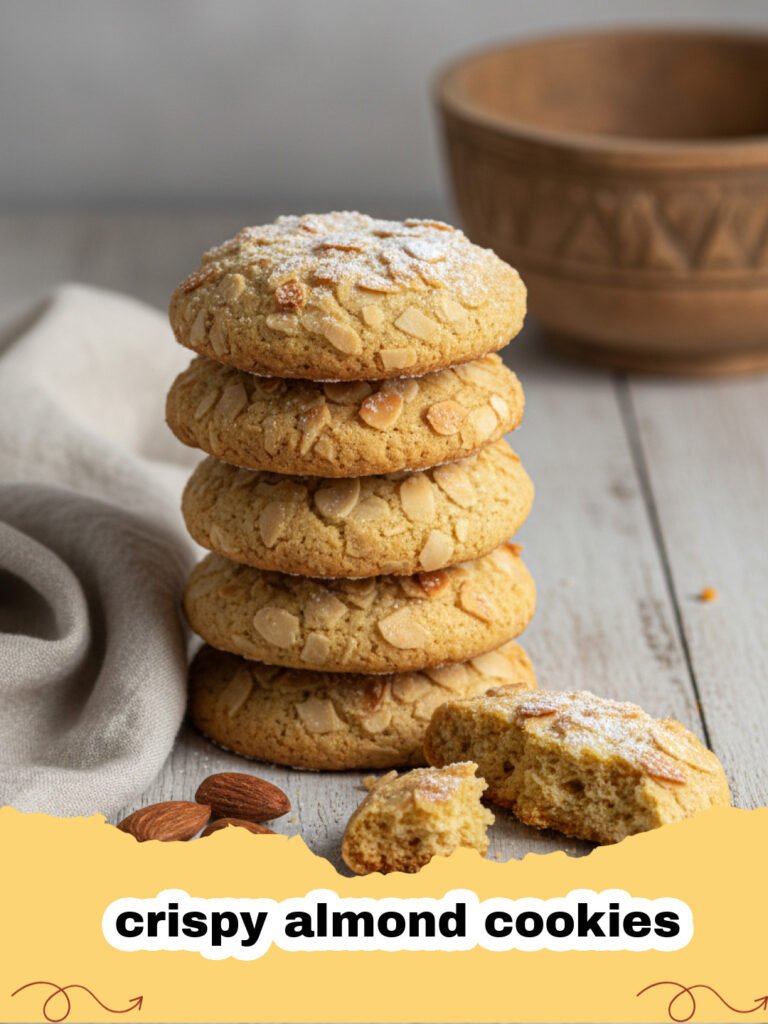 A pile of thin, golden-brown crispy almond cookies on a white plate with sliced almonds on top.