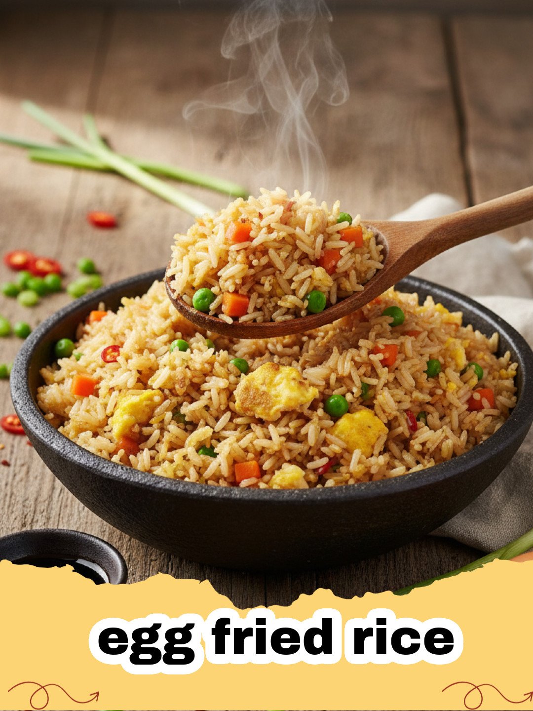 A steaming bowl of egg fried rice topped with fresh green onions