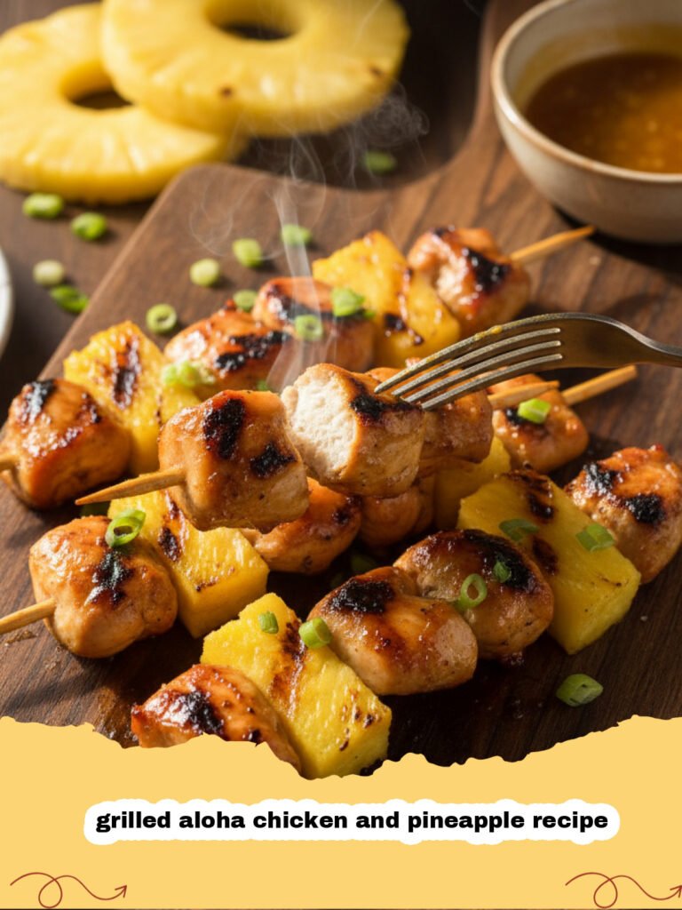 grilled aloha chicken and pineapple recipe - Grilled Aloha Chicken and Pineapple on a plate with charred grill marks