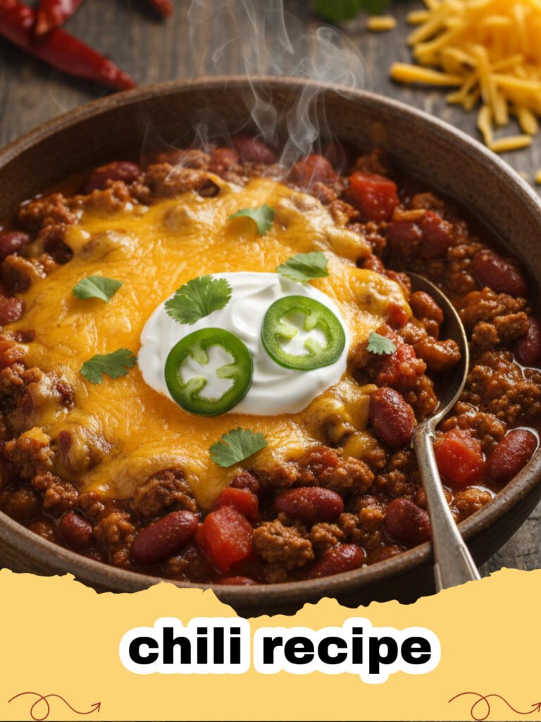 chili recipe - A steaming bowl of beef chili topped with cheese and sour cream