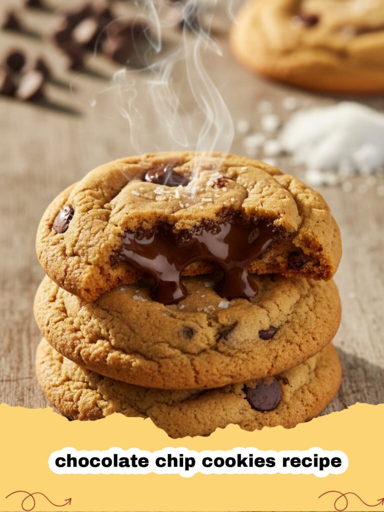chocolate chip cookies recipe - A stack of fresh, soft chocolate chip cookies on a cooling rack with melting chocolate chips.