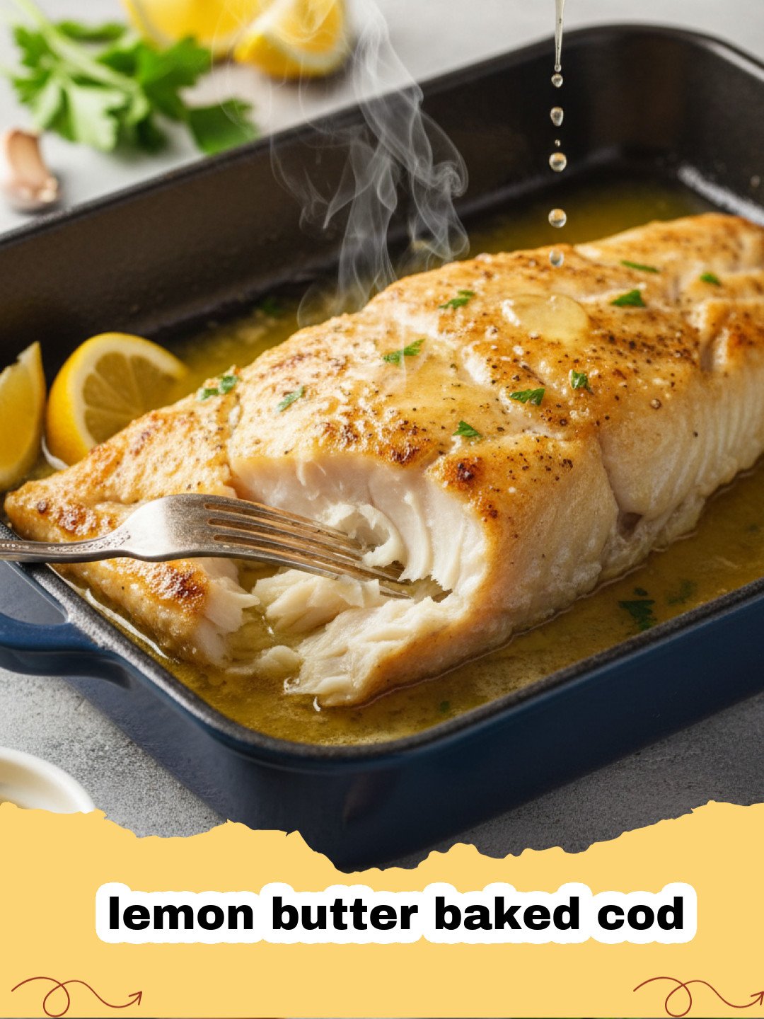 Close up of flaky lemon butter baked cod in a white dish garnished with parsley.