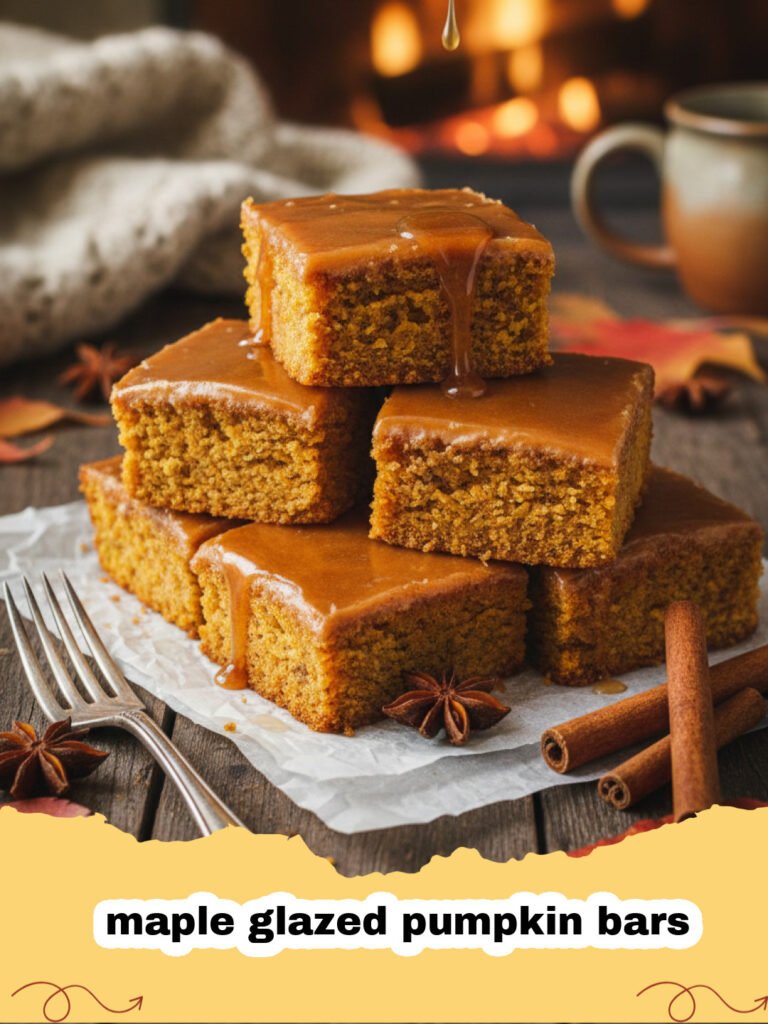 A tray of sliced maple glazed pumpkin bars on a wooden background.