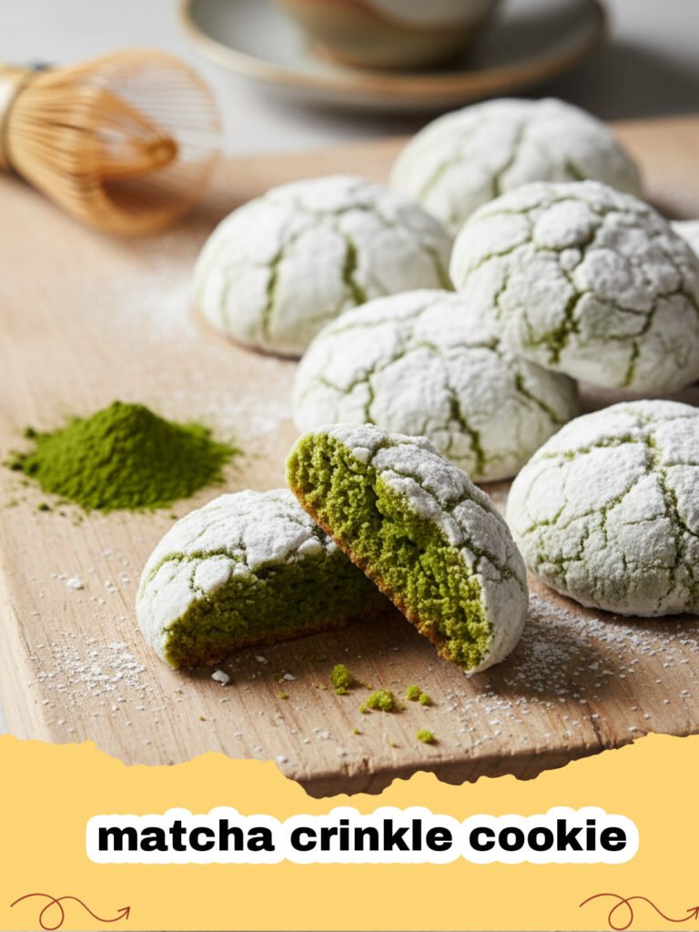 A close-up of several matcha crinkle cookies with vibrant green centers and white powdered sugar cracks.