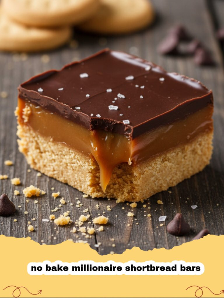 A close-up of sliced no bake millionaire shortbread bars showing three distinct layers: biscuit, caramel, and chocolate.