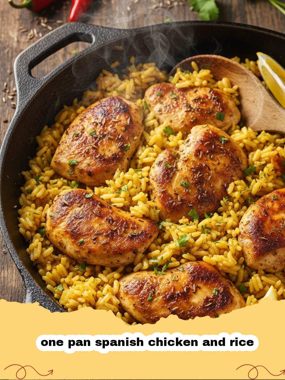 one pan spanish chicken and rice - A large skillet filled with golden Spanish chicken and saffron-colored rice garnished with parsley.