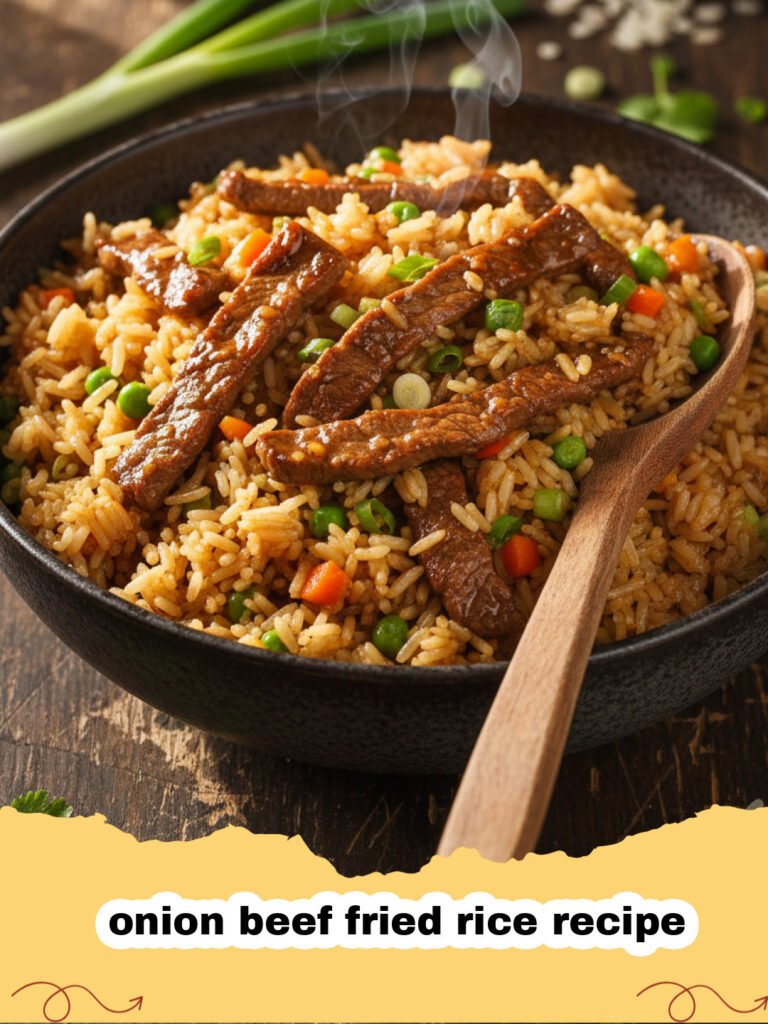 onion beef fried rice recipe - A steaming bowl of onion beef fried rice with green onion garnish.
