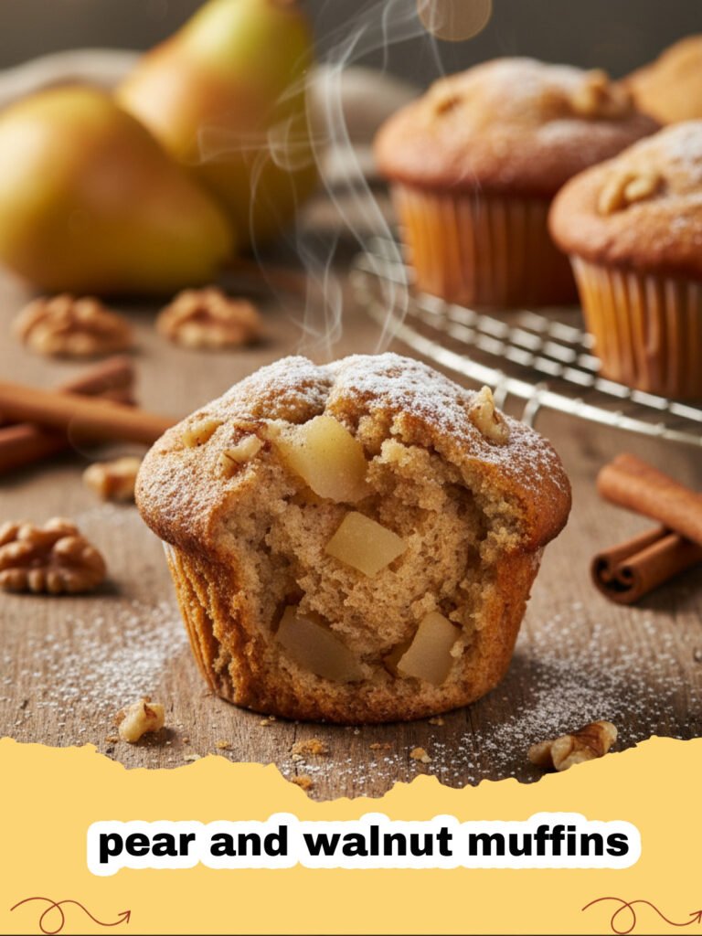 A tray of freshly baked pear and walnut muffins with golden tops and visible walnut pieces.