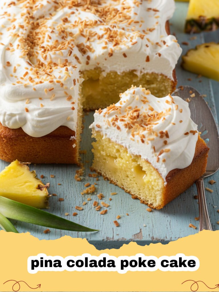 A slice of moist pina colada poke cake topped with whipped cream, toasted coconut, and a cherry.