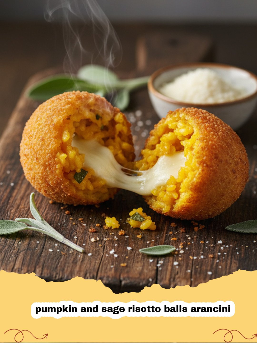 Golden brown pumpkin and sage risotto balls arancini stacked on a plate with fresh sage garnish